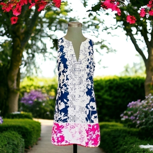 Women’s Dress Eliza J Navy Pink Lace Trim Stretch Cotton A-Line Dress Midi Dress - Picture 2 of 8